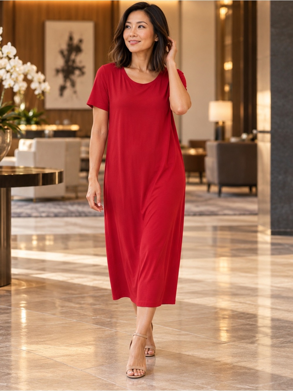 J.Jill Wearever Red Stretch Knit Midi Dress Short Sleeve Size M